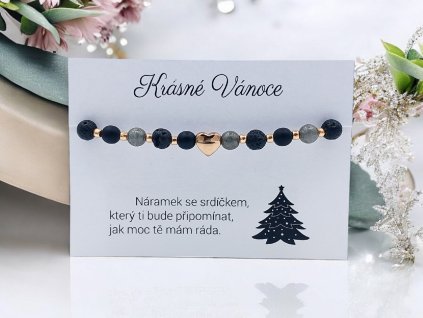 Náramek Šedo-černý se srdíčkem Vánoce