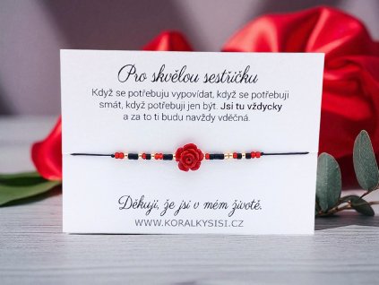 Náramek provázkový Červená kytička pro sestru