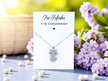 Náhrdelník Kočička s krystaly a vlastním textem na kartičce