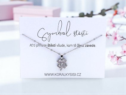 Náhrdelník pro štěstí - s přívěskem čtyřlístku z chirurgické oceli a krystaly