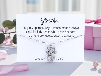 Náhrdelník s kočičkou z chirurgické oceli a kartičkou s milým vzkazem pro dceru. Jemný šperk jako každodenní připomínka lásky a podpory.