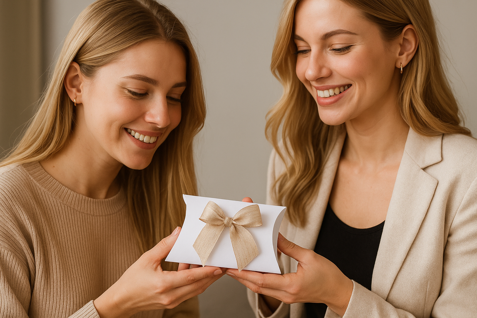 Dve ženy si odovzdávajú darčekovú krabičku – milá pozornosť pre ženu pri akejkoľvek príležitosti.