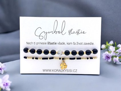 SET náramkov Čierno-zlatý štvorlístok pre šťastie