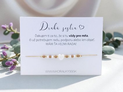 Náramok šnúrkový Hnedo-zlaté perleťové srdiečko pre sestru