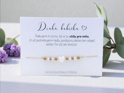 Náramok šnúrkový Hnedo-zlaté perleťové srdiečko pre babičku