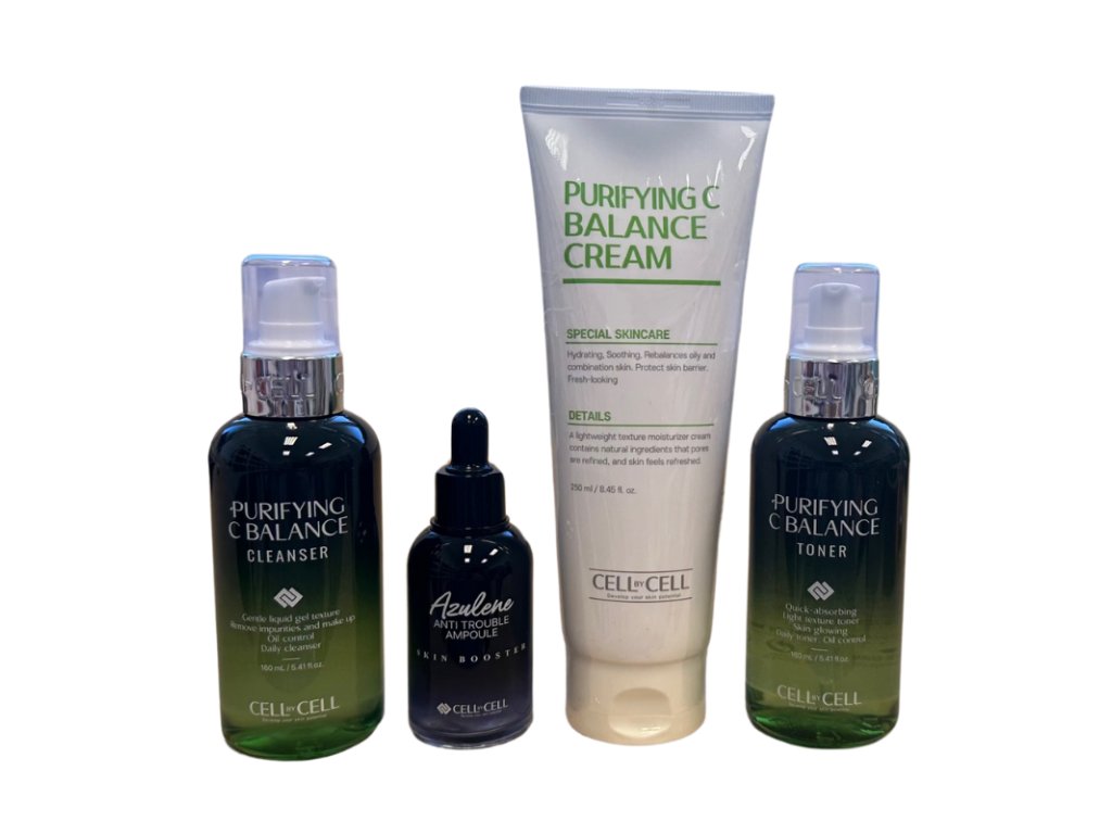 korejska kosmetika CELL BY CELL PURIFYING & CALMING ROUTINE SET Salonní péče pro mastnou a aknózní pleť s extrakty tea tree, centella asiatica a kyselinou hyaluronovou 4 produkty