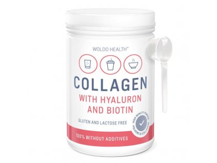 krasne vlasy nehty plet WOLDO HEALTH COLLAGEN WITH HYALURON AND BIOTIN Kolagen s kyselinou hyaluronovou 500g