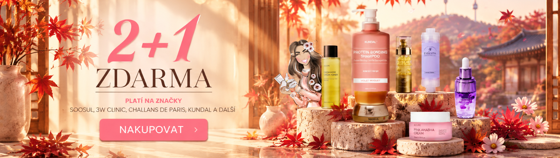 2+1 produkt ZDARMA, platí na značky: SOOSUL, 3W CLINIC, CHALLANS DE PARIS,KUNDAL a další