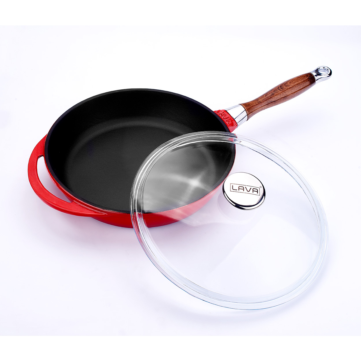 LAVA METAL Litinová pánev s dřevěnou rukojetí a skleněnou poklicí 28 cm - červená