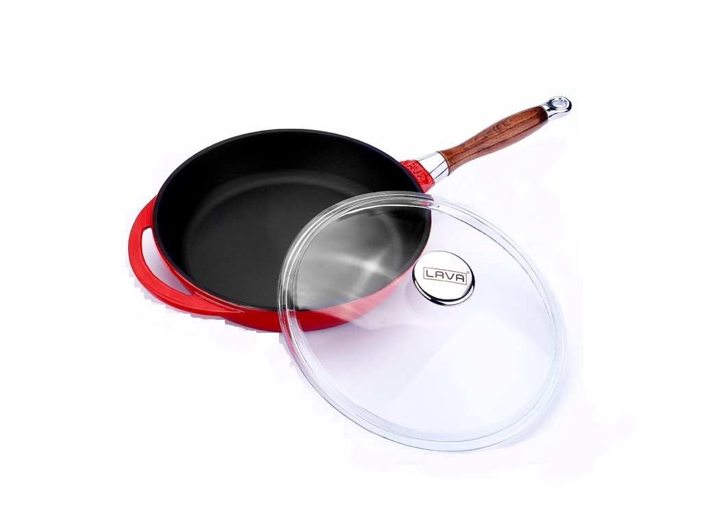 LAVA METAL Litinová pánev s dřevěnou rukojetí a skleněnou poklicí 24 cm - červená