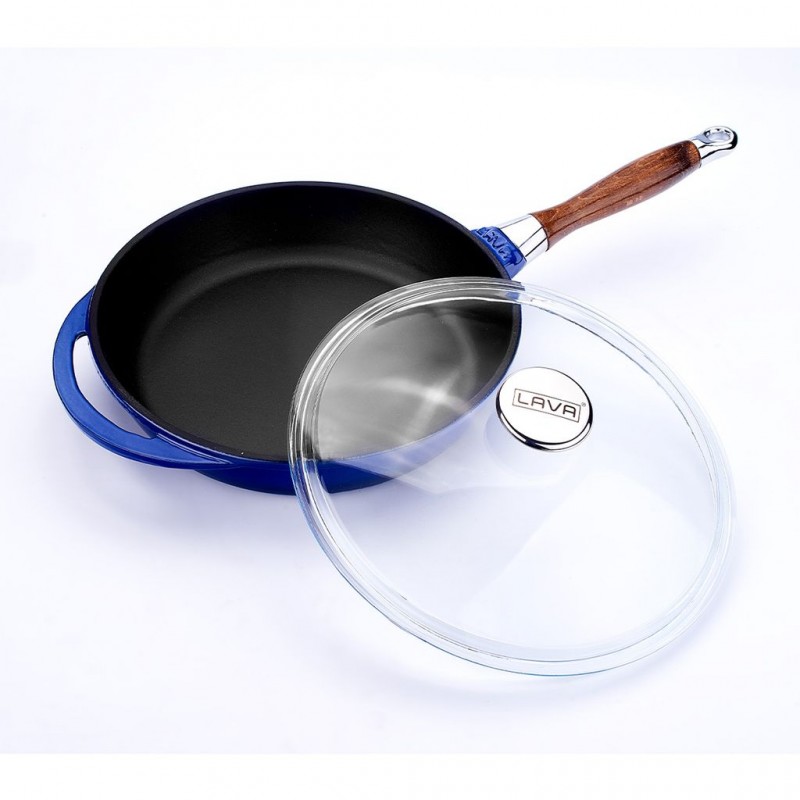 LAVA METAL Litinová pánev s dřevěnou rukojetí a skleněnou poklicí 24 cm - modrá
