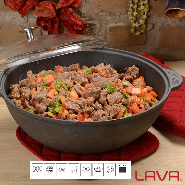 LAVA METAL Litinový hrnec kulatý (wok) + skl. poklice 30 cm, 6l