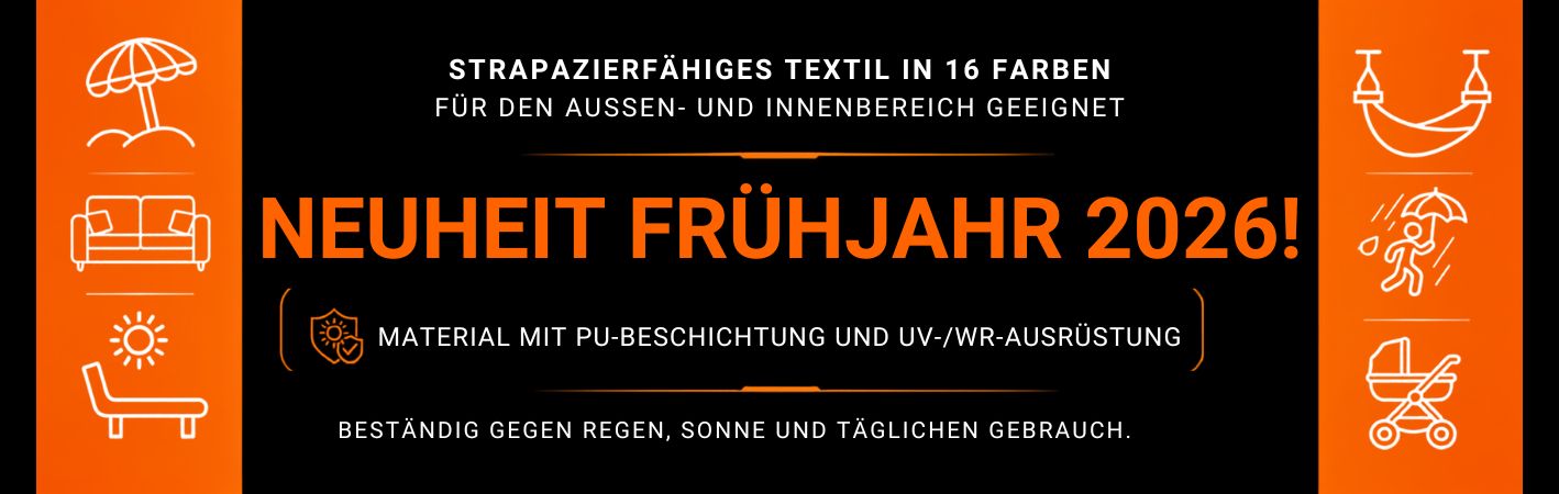 Robuster Stoff in 16 Farben für den Außen- und Innenbereich – geeignet für Bezüge, Sitzflächen, Sonnenschirme, Liegestühle und Kinderwagen, regen- und sonnenbeständig.