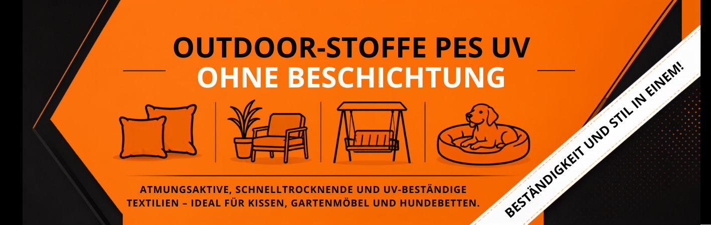 Die neue Kollektion der unbeschichteten PES-UV-Outdoor-Stoffe – atmungsaktive, schnell trocknende und UV-beständige Stoffe für Kissen, Gartenmöbel und Tierbetten.