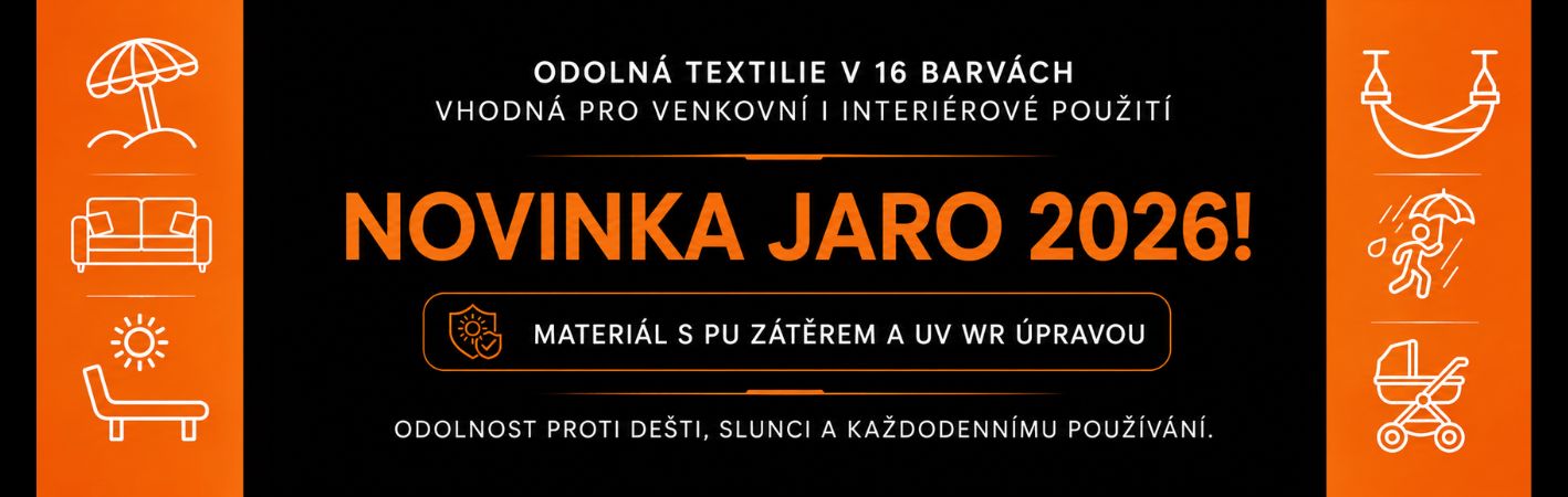Odolná textilie v 16 barvách pro venkovní i interiérové použití – vhodná na potahy, sedáky, slunečníky, lehátka a kočárky, odolná proti dešti a slunci.