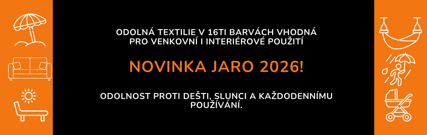 Odolná textilie v 16 barvách pro venkovní i interiérové použití – vhodná na potahy, sedáky, slunečníky, lehátka a kočárky, odolná proti dešti a slunci.