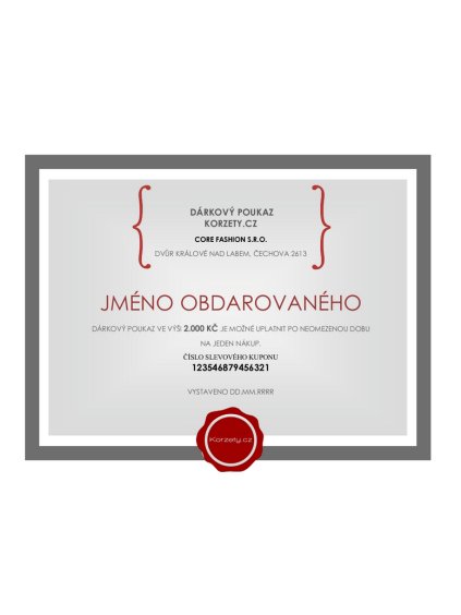 dárkový poukaz 2000 na korzet od korzety cz