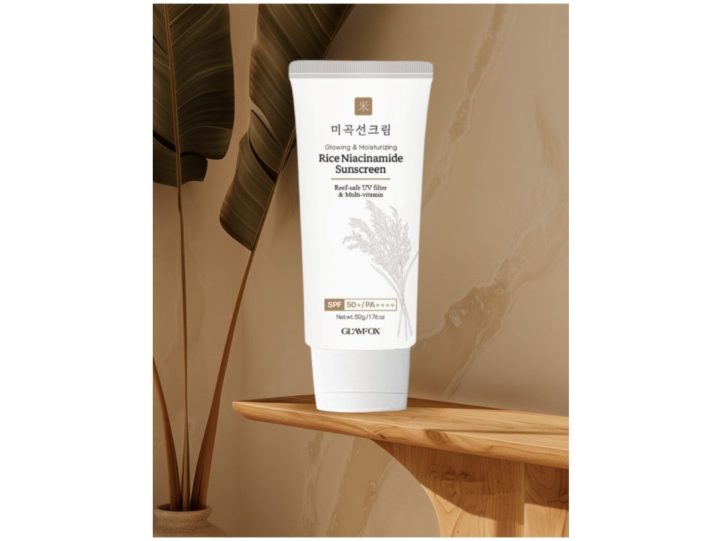 glamfox rice niacinamide sunscreen uv filter multivitamin 50 g