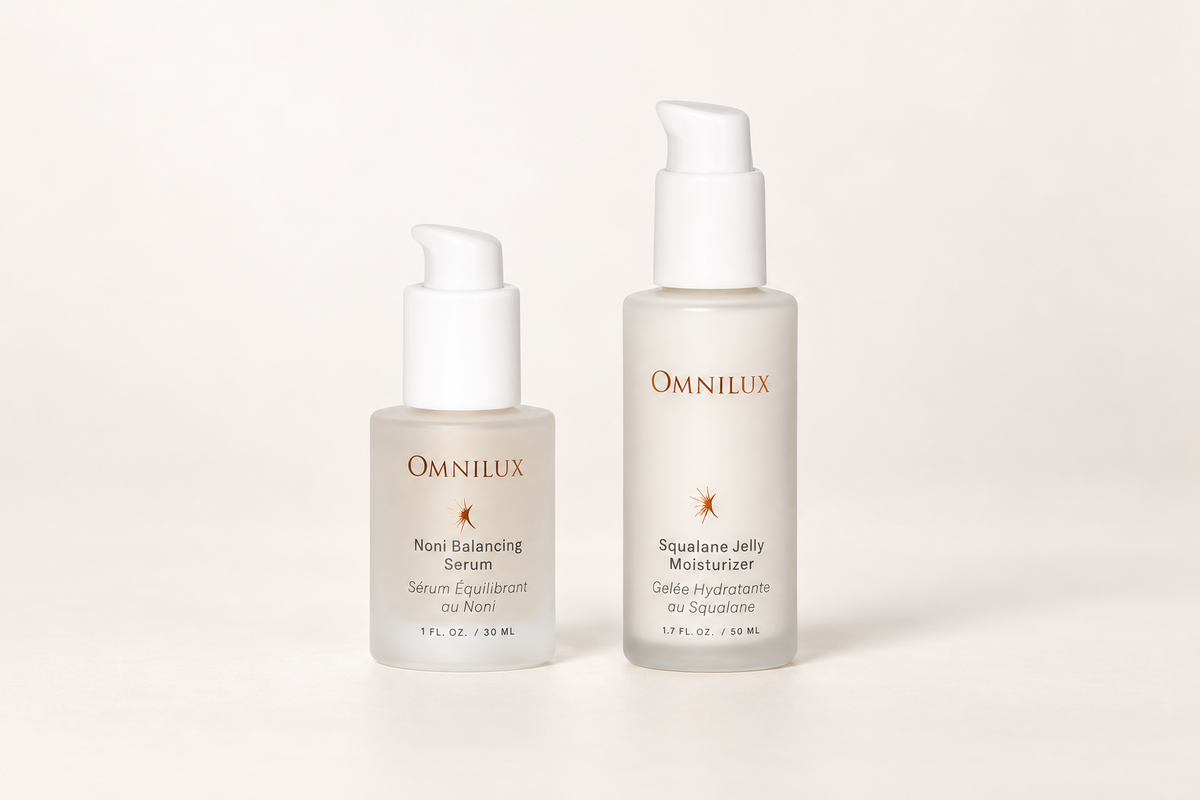 Omnilux Noni Balancing Serum a Squalane Jelly Moisturizer po LED terapii