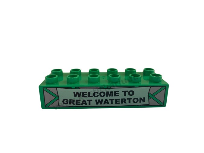 Lego® Duplo® Kostka 2x6 zelená s potiskem - Welcome to great waterton