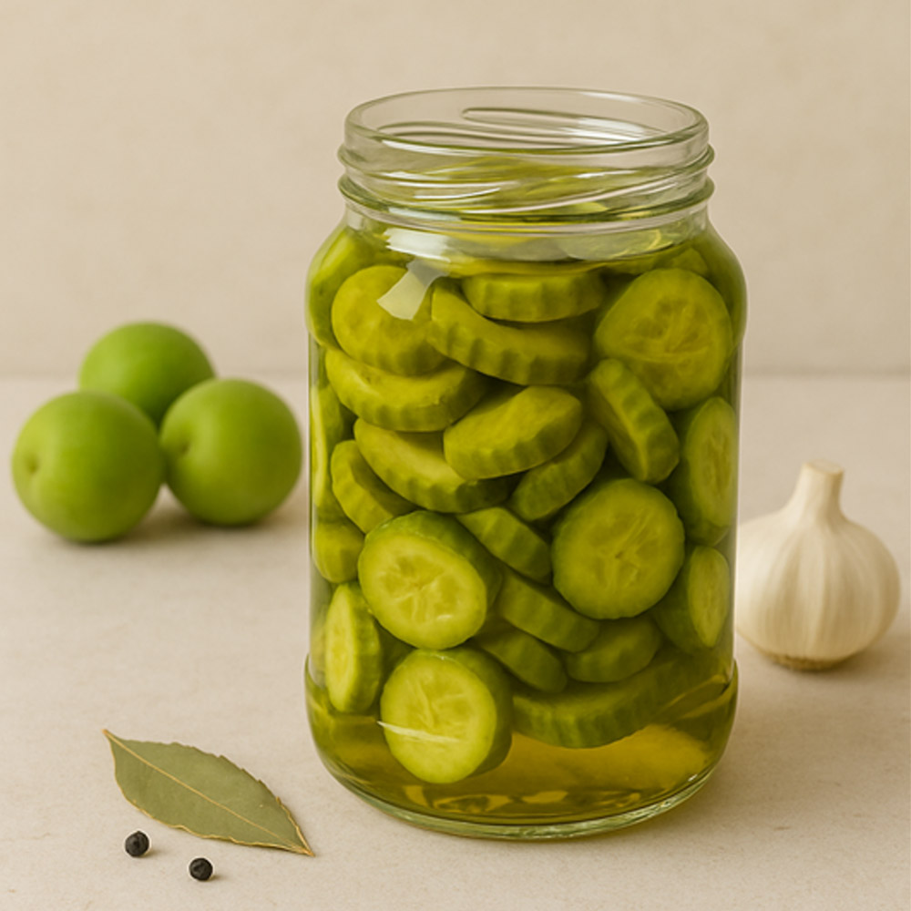 Hotové okurkové pickles se zeleným švestkovým čajem KOTSAM ve sklenici