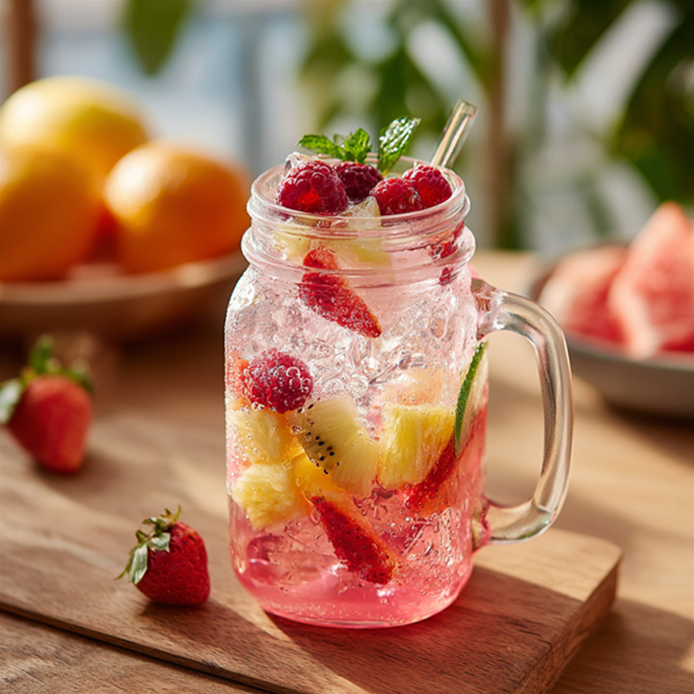 Ovocný koktejl z Kotsam Grapefruitového čaje ve skleněné lahvi na dřevěném prkénku; uvnitř led, maliny, jahody a kiwi, kolem čerstvé ovoce
