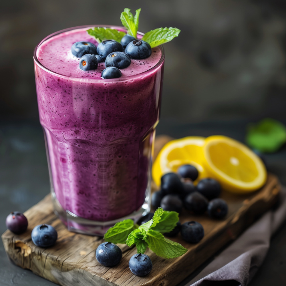 Borůvkovo‑yuzu smoothie ve vysoké sklenici na dřevěném prkénku; nahoře čerstvé borůvky a snítka máty, vedle plátek citronu/yuzu