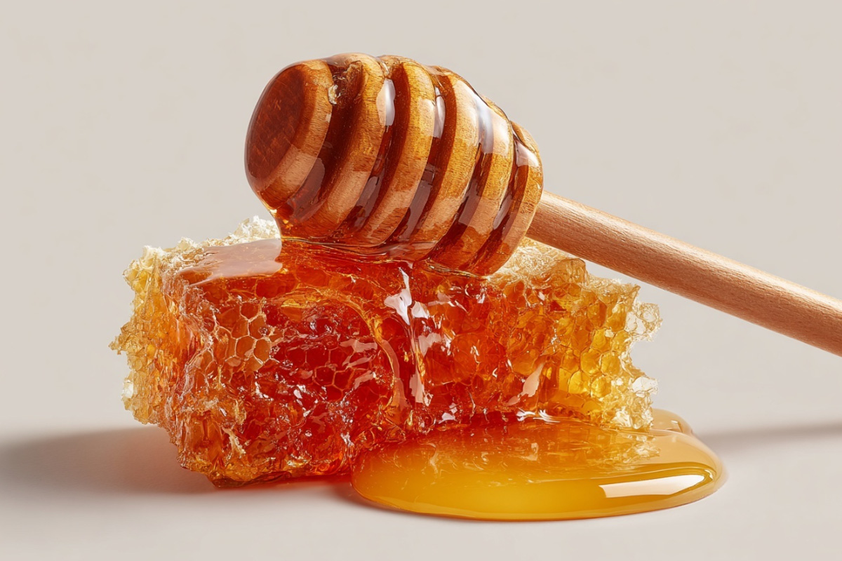 Plástev s tekoucím medem a dřevěným medovítkem – praktická role medu pro yuzu čaj