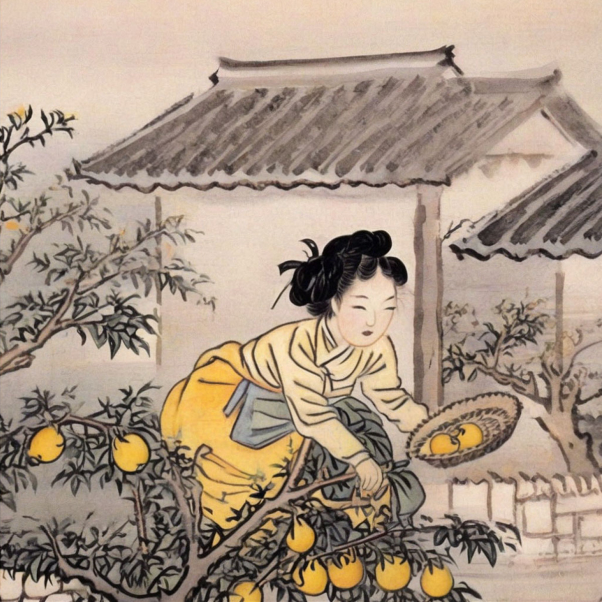 Ilustrace: sklizeň yuzu – žena v hanboku u tradičního domu