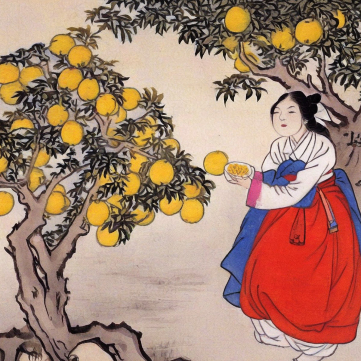 Ilustrace: žena v hanboku sklízí yuzu – hero k článku o historii yuzu čaje