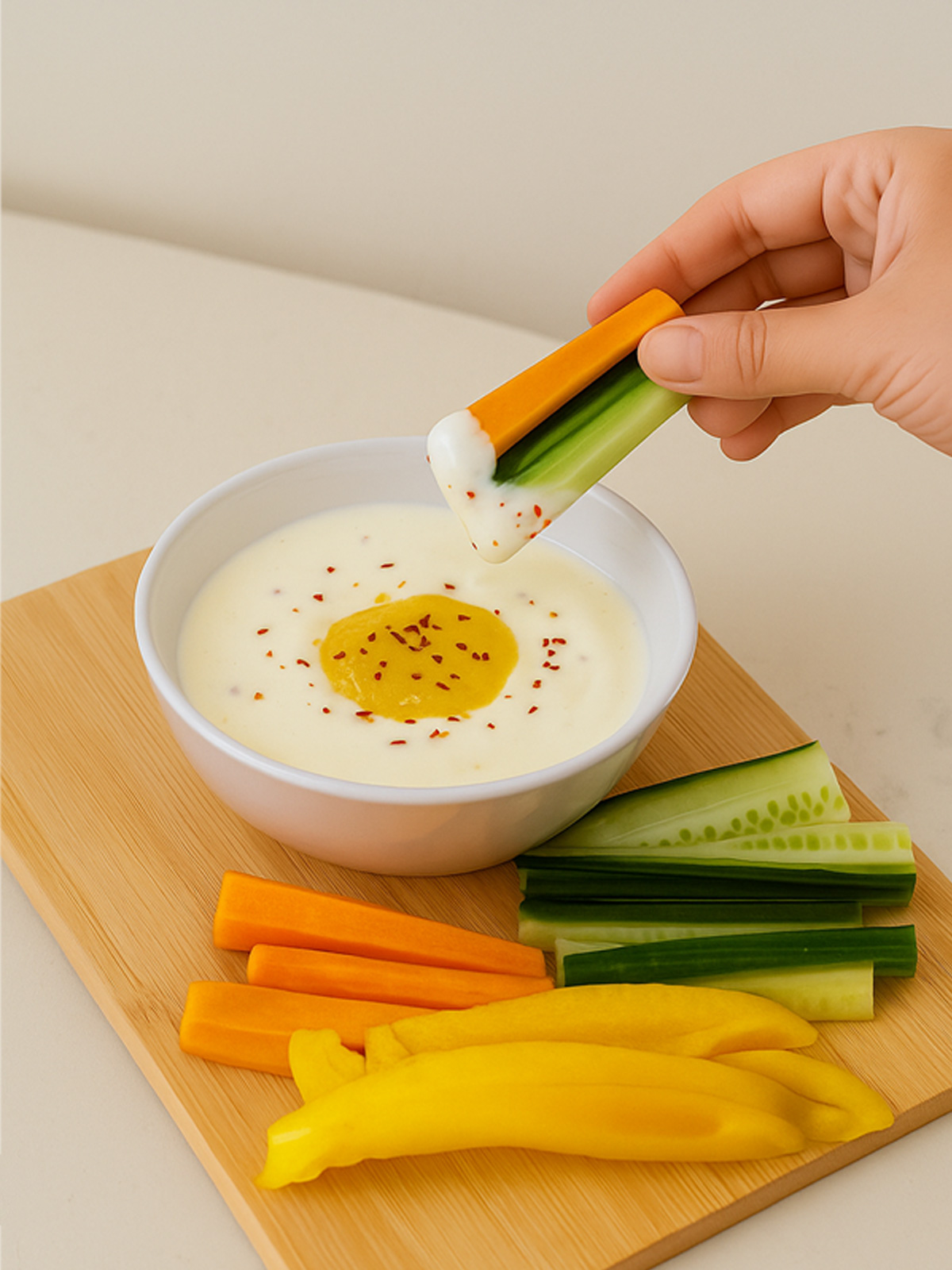 Citrusový dip s Kotsam yuzu; mrkvové a okurkové tyčinky namáčené v misce, kolem plátky papriky; v pozadí rozostřený skleněný produkt Kotsam