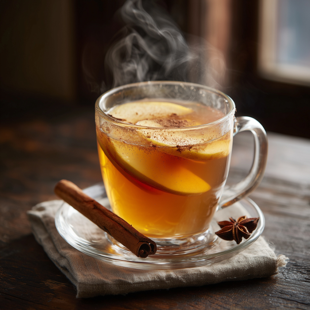 Skleněný hrnek s horkým Kotsam Apple Tea v jantarové barvě; plátky jablka na hladině, jemný posyp skořicí a skořicová tyčinka na podšálku; měkké světlo a viditelná pára