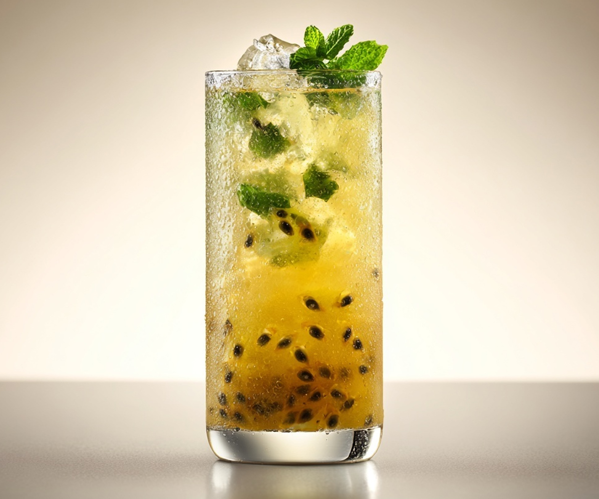 Studiová fotografie mojita s yuzu a marakujou na matném pozadí, drcený led, čerstvá máta a limetka – letní koktejl KOTSAM.