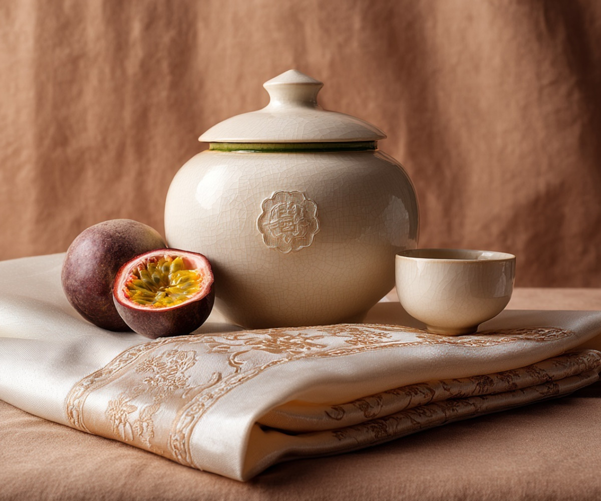Korejská taeguk látka, keramická nádoba onggi s ovocným cheongem, mučenka (maracuja), yuzu a bílý šálek – KOTSAM Maracuja čaj, korejská tradice a wellness