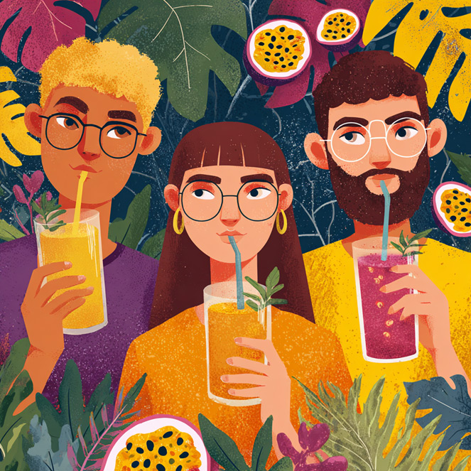 Ilustrace: tři lidé si vychutnávají ovocné čaje; motiv marakuji kolem – KOTSAM wellness
