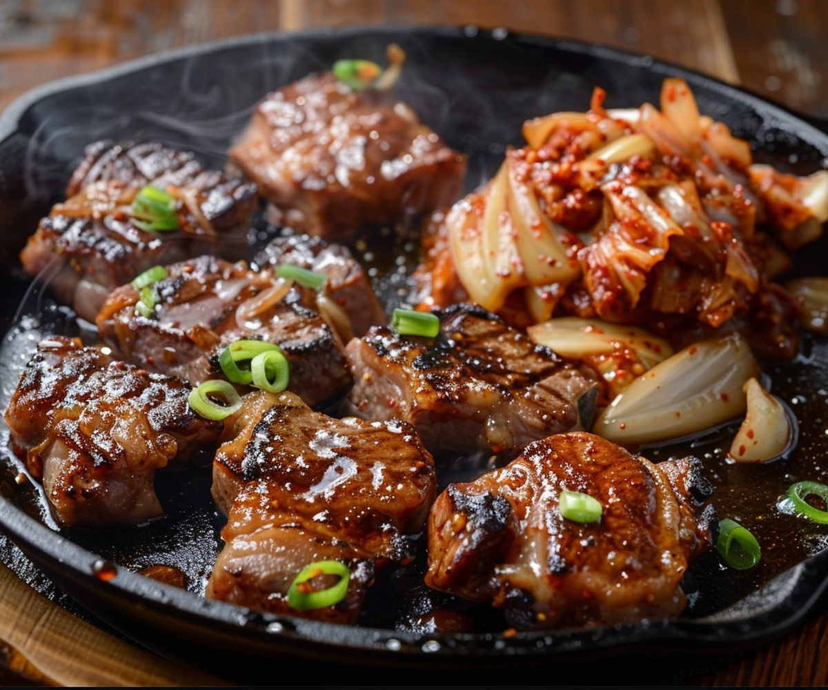 Vepřové maso a kimchi se společně opékají na litinové pánvi; lesklá citrusová glazura, jemné bublinky a protisvětlo zvýrazňují texturu.