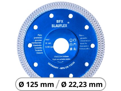 Diamantový kotúč BLAUFLEX BFX 125×22,23×1,4 mm – kontinuálny turbo kotúč na presné rezanie keramických a kamenných materiálov