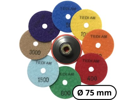 TEDIAM – sada leštiacich kotúčov Ø75 mm (8 ks) + disk + adaptér M14