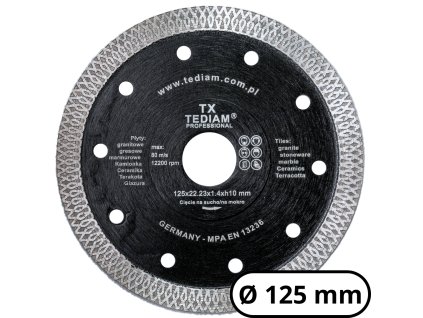 Diamantový rezný kotúč TEDIAM® TX 125 × 22,23 × 10 × 1,4 mm – na gres, granit, mramor, kameninu a keramiku