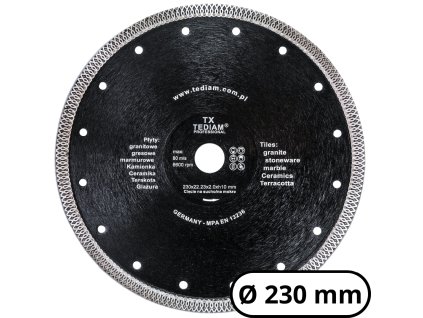 Diamantový rezný kotúč TEDIAM® TX 230 × 22,23 × 10 × 2,0 mm – na gres, granit, mramor, kameninu a keramiku