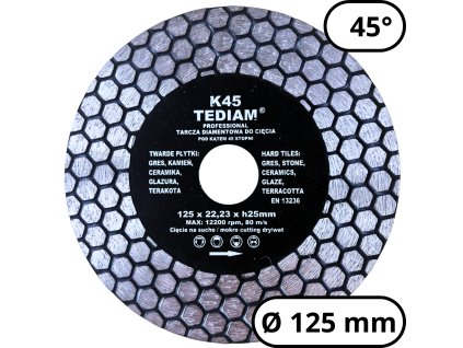 Diamantový kotúč TEDIAM K45 125 × 22,23 mm – na rezanie a fazetovanie pod uhlom 45°