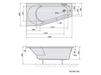 Polysan Projekta 160 x 80 cm vana asymetrická akrylátová levá 20111