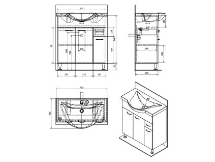 Aqualine KERAMIA FRESH umyvadlová skříňka 74,5 x 74 x 34,7 cm dub platin 50083