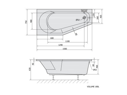 Polysan Tigra L 150 x 75 cm vana asymetrická akrylátová levá 72928