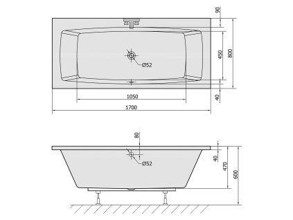 Polysan Kvadra 170x80x47cm vana obdélníková akrylátová s konstrukcí 18711