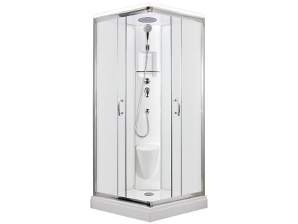 2603 13 sprchovy box smaragd model 3 ctverec s vanickou z liteho mramoru sedatkem polickou a stropem s horni sprchou matne chinchila sklo