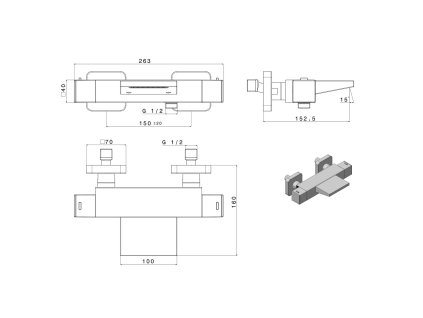 Sapho Dimy DM292BL vanová termostatická baterie nástěnná 150 mm černá mat
