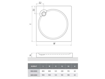 Roth Project Line ALOHA-P 900 sprchová vanička samonosná 90 x 90 cm 8000149 akrylátová