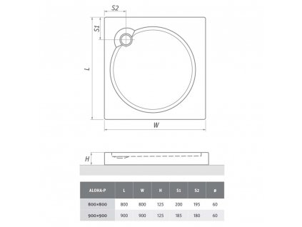 Roth Project Line ALOHA-P 900 sprchová vanička samonosná 90 x 90 cm 8000149 akrylátová