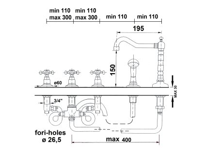 Sapho Antea 3886 pětiprvková baterie na okraj vany kohoutková bronz